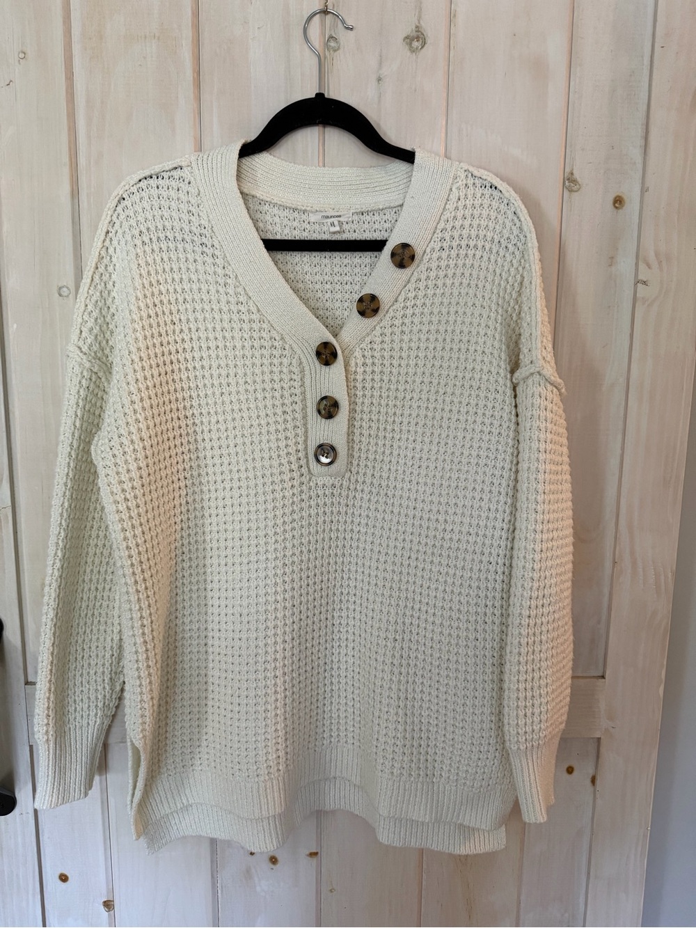 Maurices Cream V-Neck Waffle Knit Sweater with Button Placket